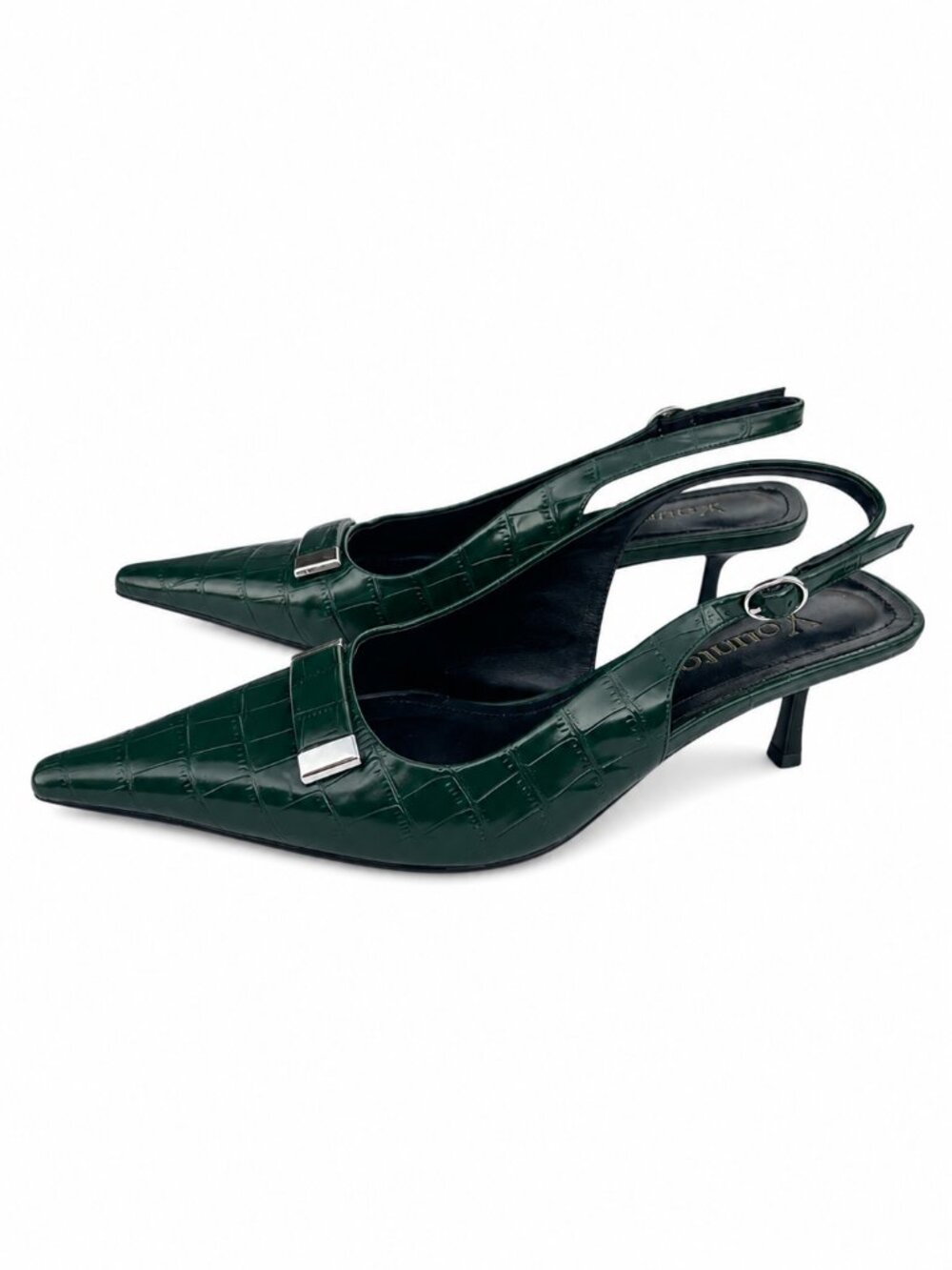 Younton Women's Green Croc Embossed Slingback Kitten Heel Pointed Pumps, 8.5 - Picture 4 of 7